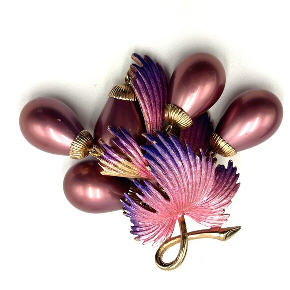 VTG Grape Cluster Brooch & Clip-On Earrings SET I Purple & Gold Enamel Granny - Picture 9 of 9